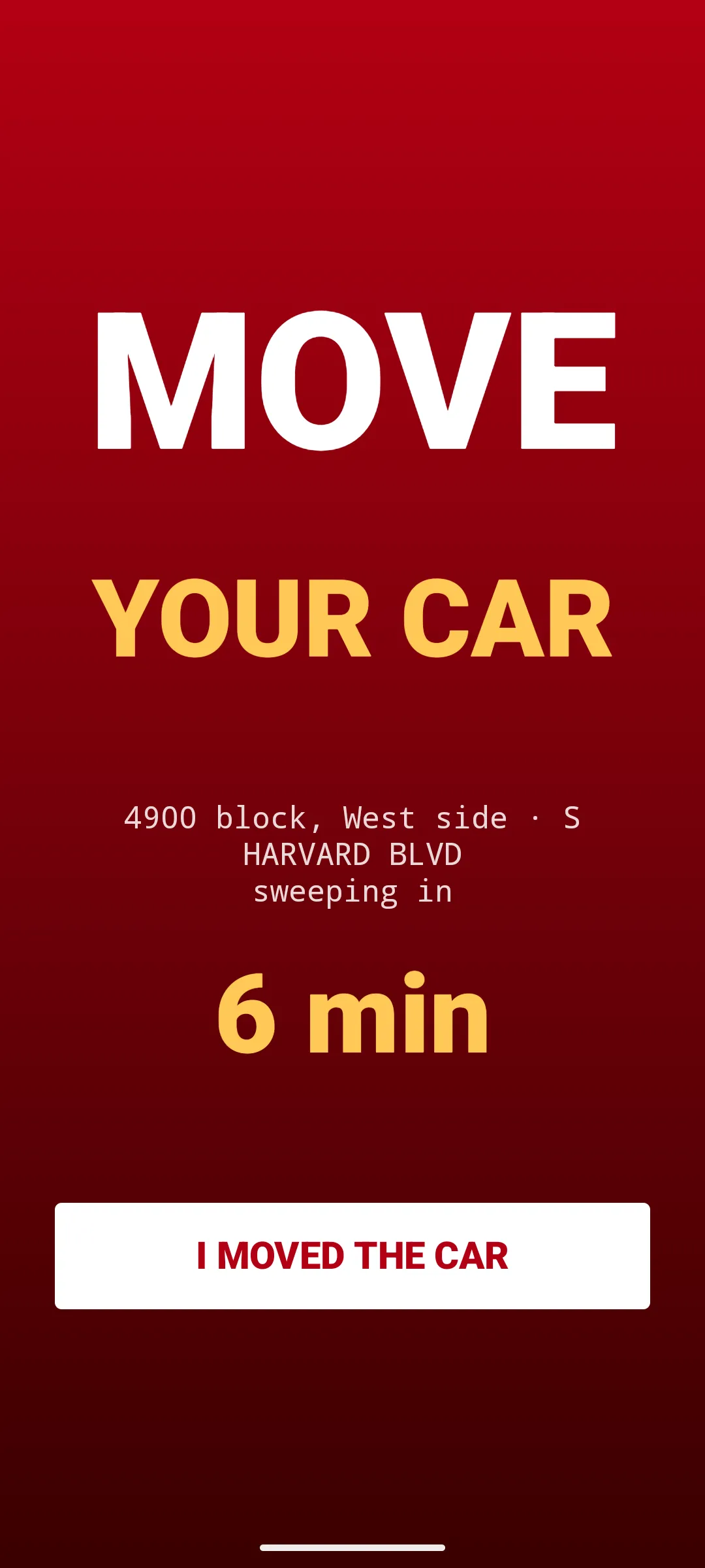 CurbMinder full-screen alarm firing five minutes before street sweeping starts
