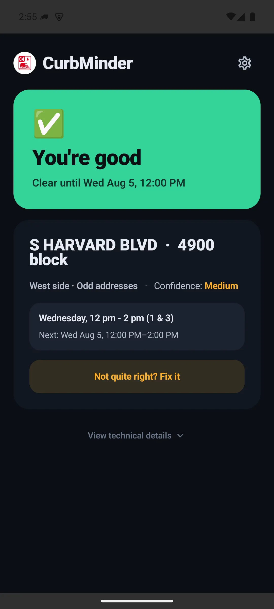 CurbMinder home screen showing the parked block, street side, and next sweeping time